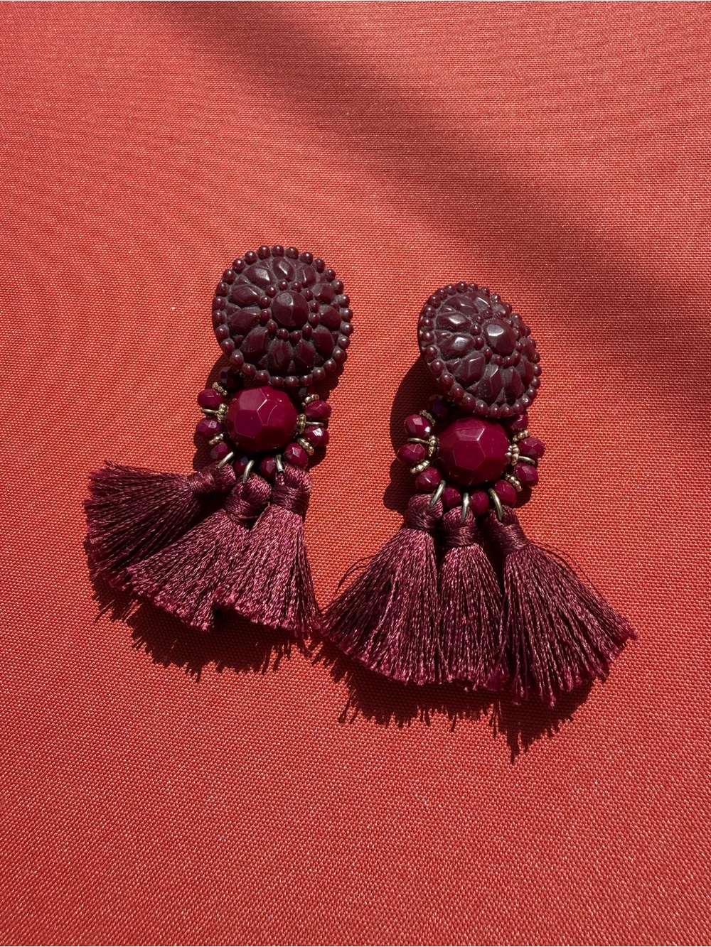 Burgundy Tassel Drop Earrings